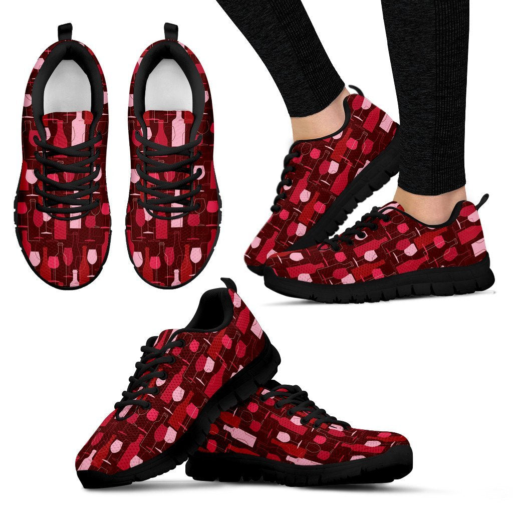 Botttle Glass Red Wine Print Pattern Black Sneaker Shoes For Men Women-grizzshop