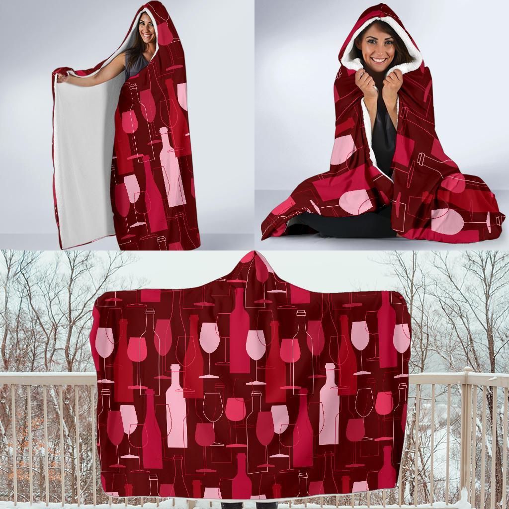 Botttle Red Wine Print Pattern Hooded Blanket-grizzshop