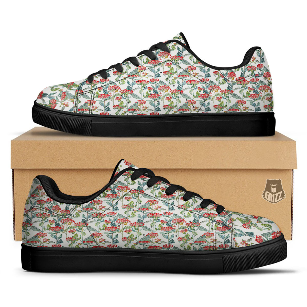 Bouvardia Print Pattern Black Low Top Sneakers-grizzshop