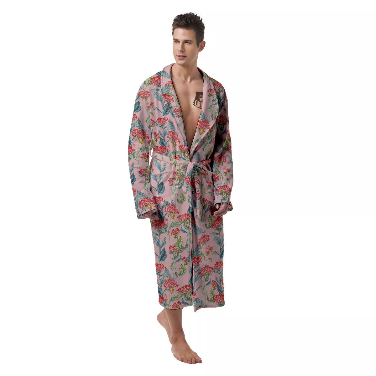 Bouvardia Red Print Pattern Men's Robe-grizzshop