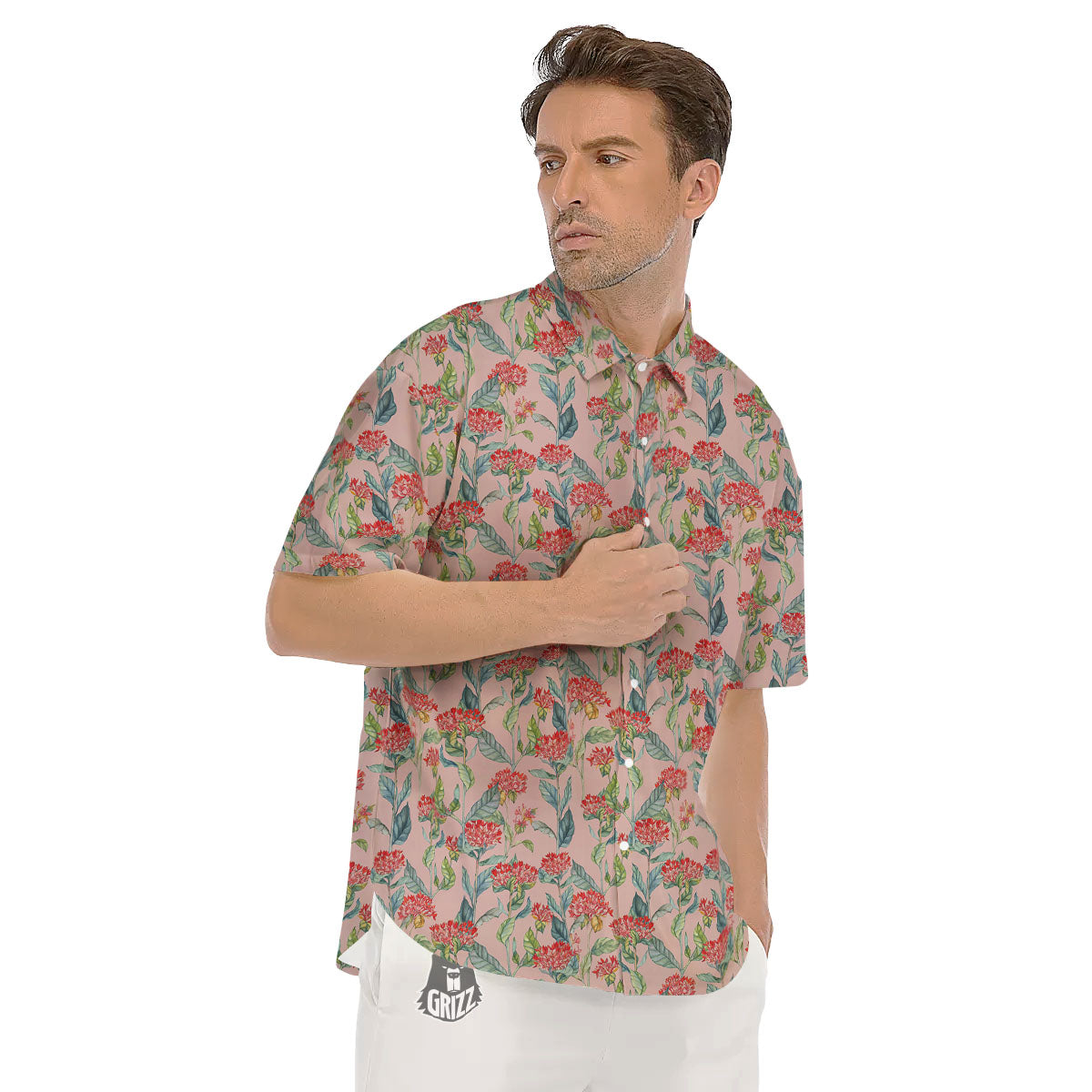 Bouvardia Red Print Pattern Men's Short Sleeve Shirts-grizzshop