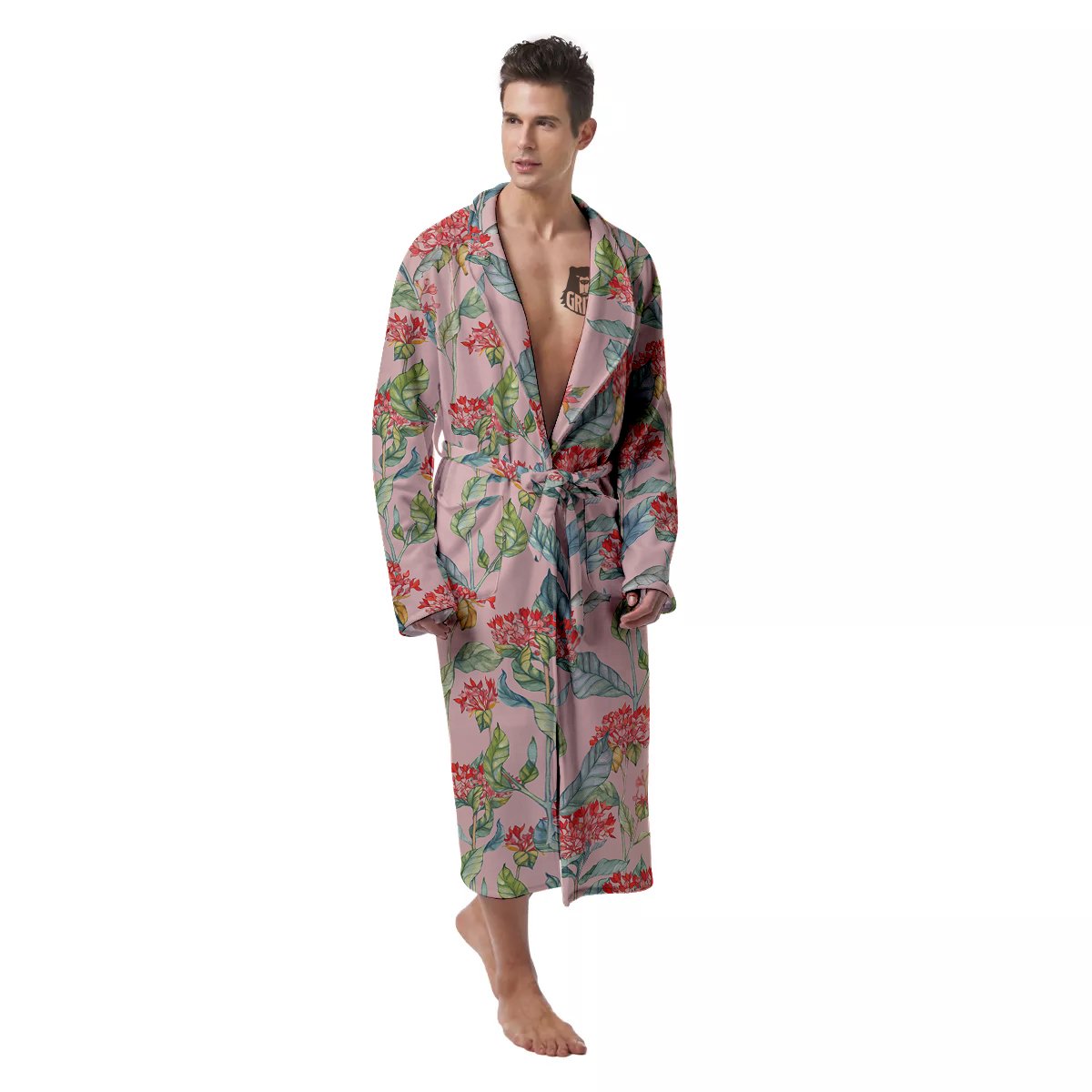 Bouvardia Watercolor Print Pattern Men's Robe-grizzshop