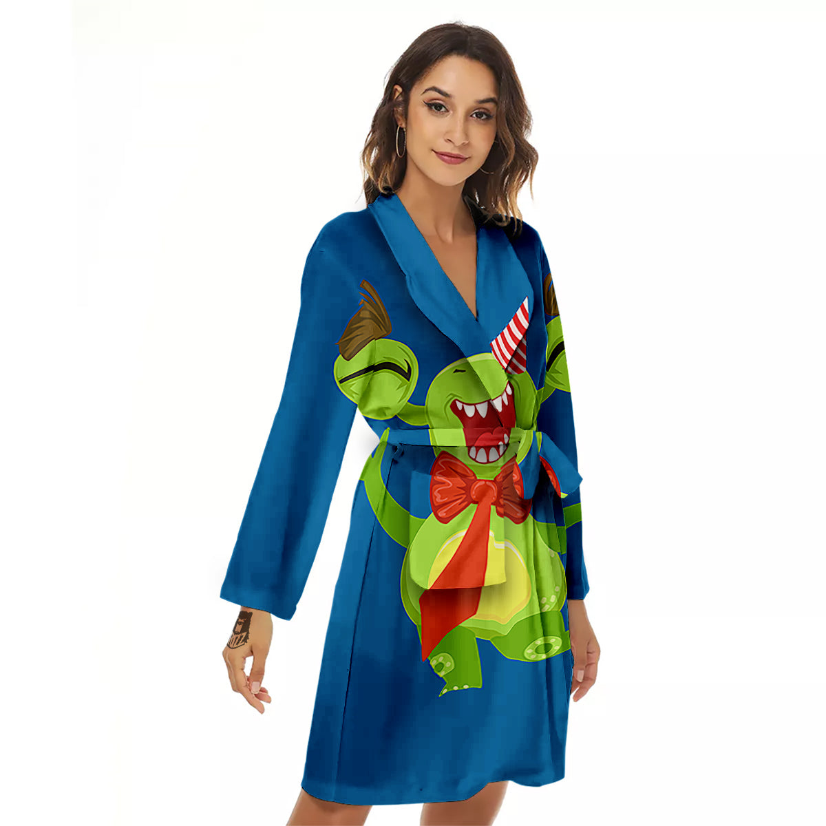 Bow Tie With Cute Alien Print Women's Robe-grizzshop
