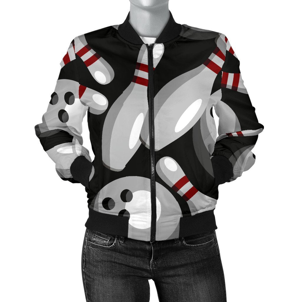 Bowling Pattern Print Women Casual Bomber Jacket-grizzshop
