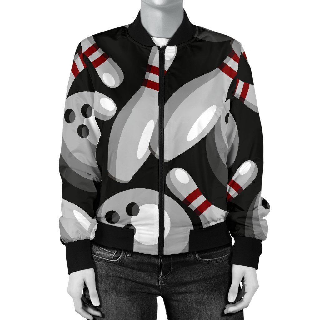 Bowling Pattern Print Women Casual Bomber Jacket-grizzshop