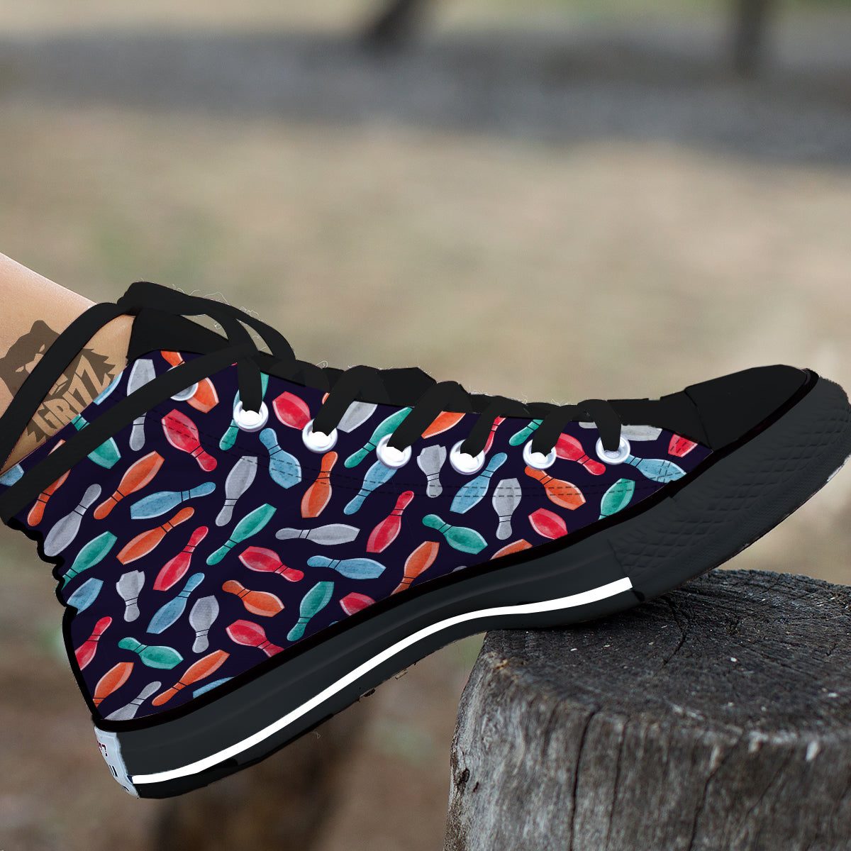 Bowling Pins Watercolor Print Pattern Black High Top Shoes-grizzshop