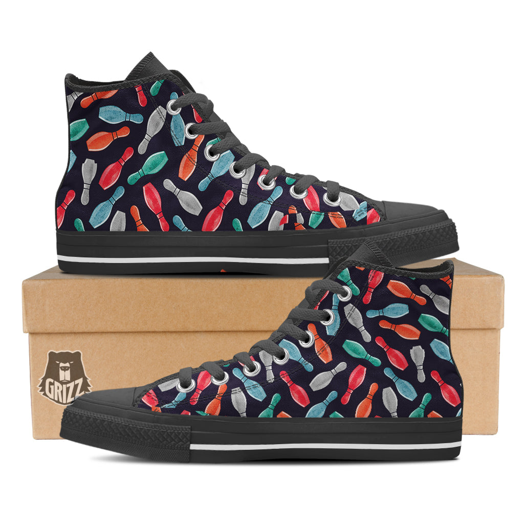 Bowling Pins Watercolor Print Pattern Black High Top Shoes-grizzshop