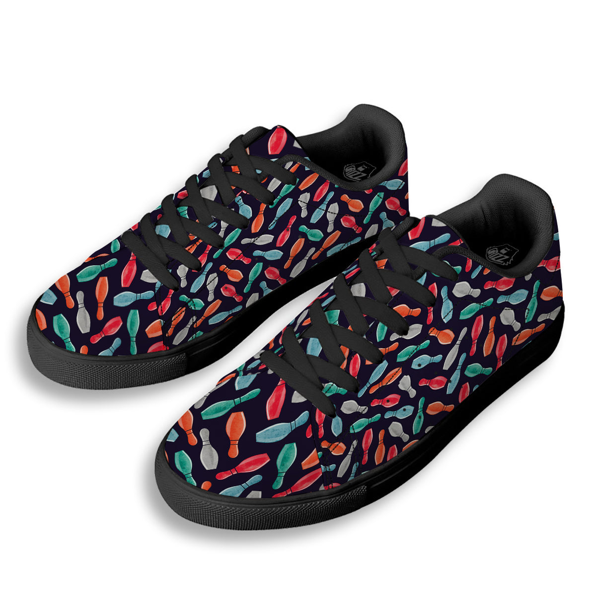Bowling Pins Watercolor Print Pattern Black Low Top Sneakers-grizzshop
