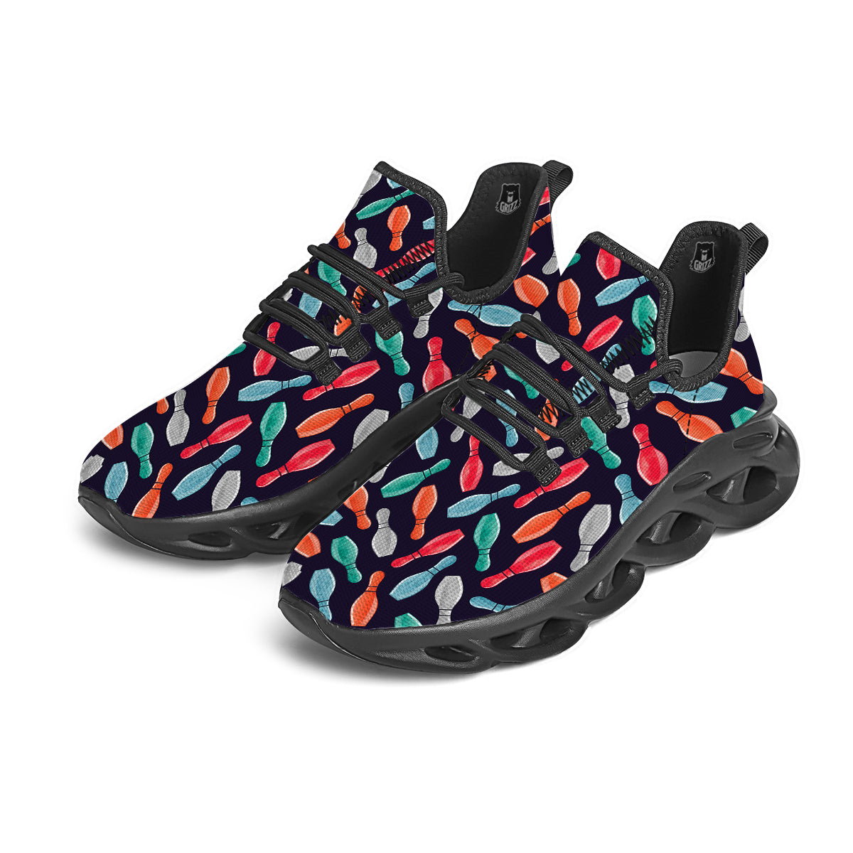 Bowling Pins Watercolor Print Pattern Black Running Shoes-grizzshop