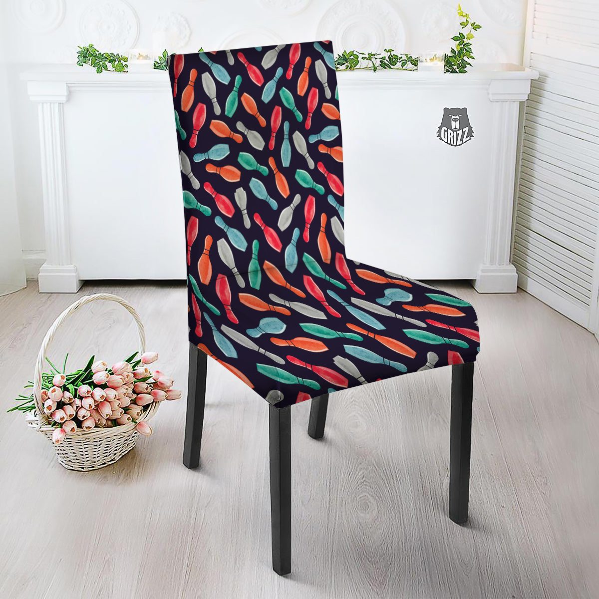 Bowling Pins Watercolor Print Pattern Dining Chair Slipcover-grizzshop