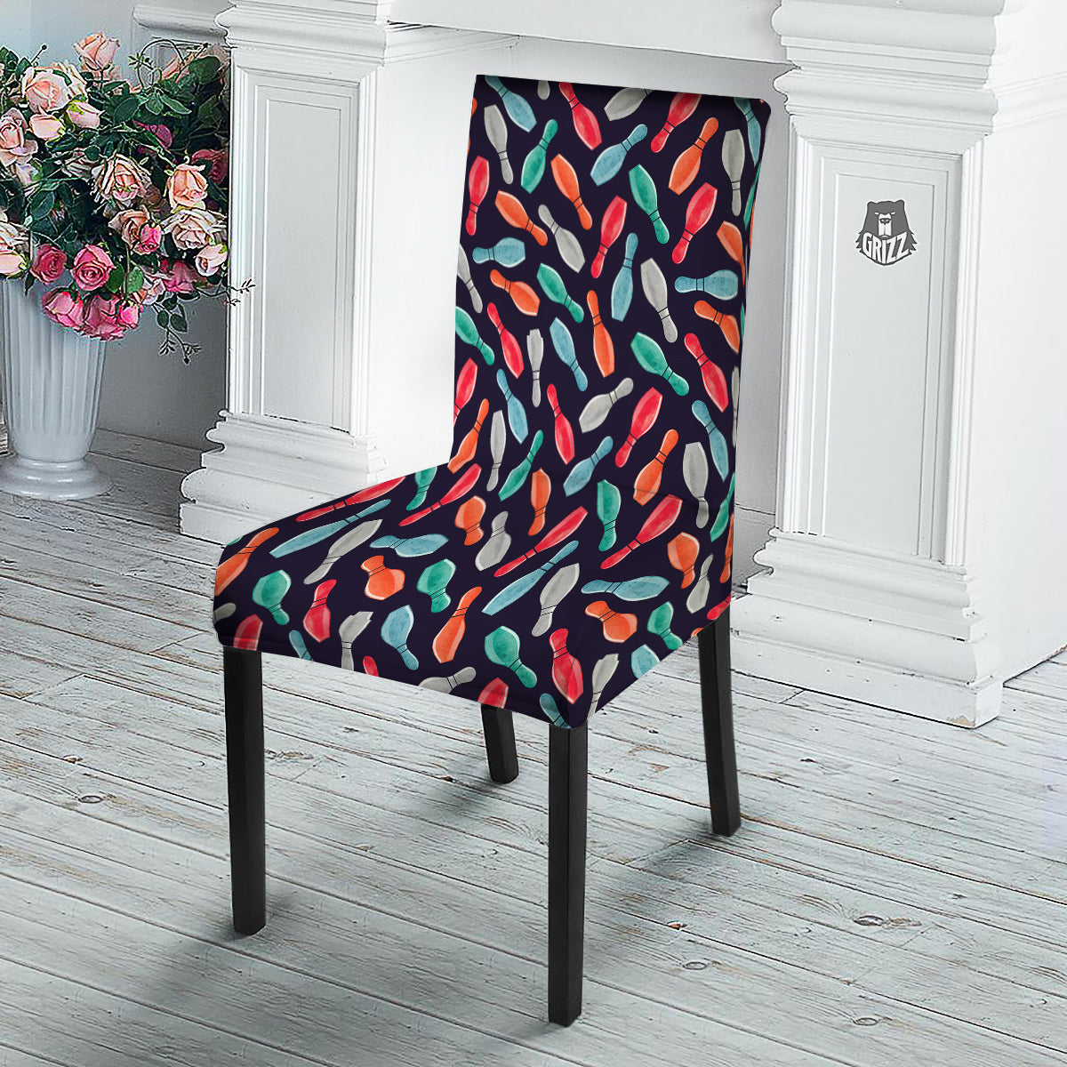 Bowling Pins Watercolor Print Pattern Dining Chair Slipcover-grizzshop