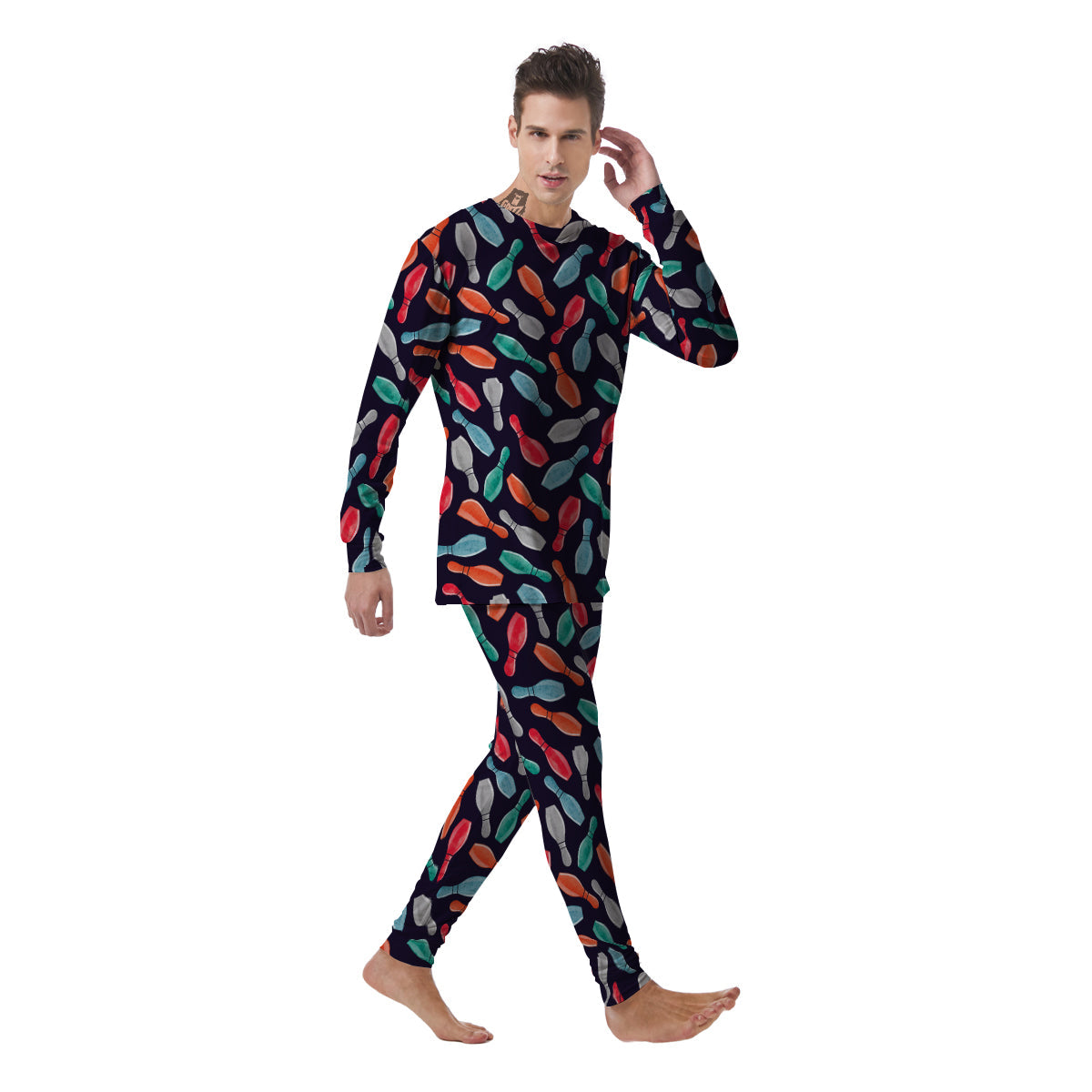 Bowling Pins Watercolor Print Pattern Men's Pajamas-grizzshop