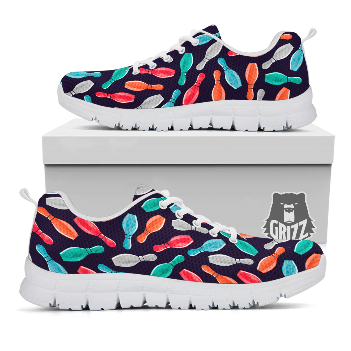 Bowling Pins Watercolor Print Pattern White Sneaker-grizzshop