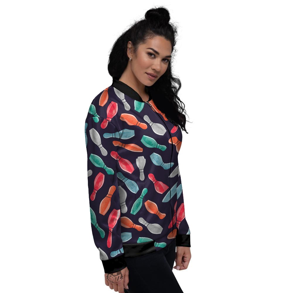 Bowling Pins Watercolor Print Pattern Women's Bomber Jacket-grizzshop