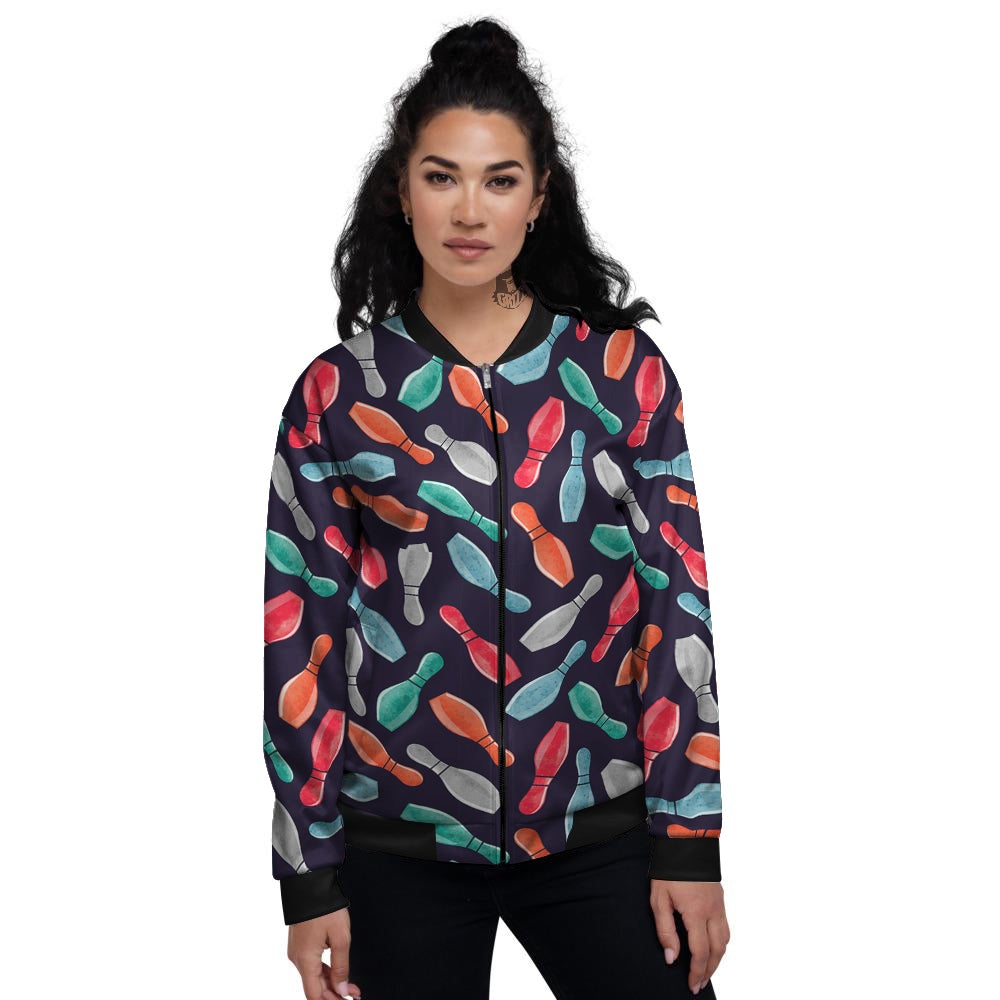 Bowling Pins Watercolor Print Pattern Women's Bomber Jacket-grizzshop