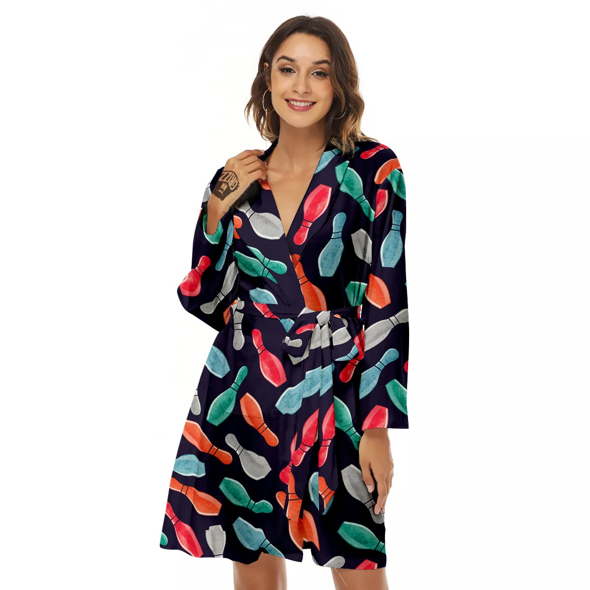 Bowling Pins Watercolor Print Pattern Women's Robe-grizzshop