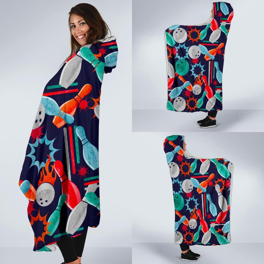 Bowling Stike Pattern Print Hooded Blanket-grizzshop