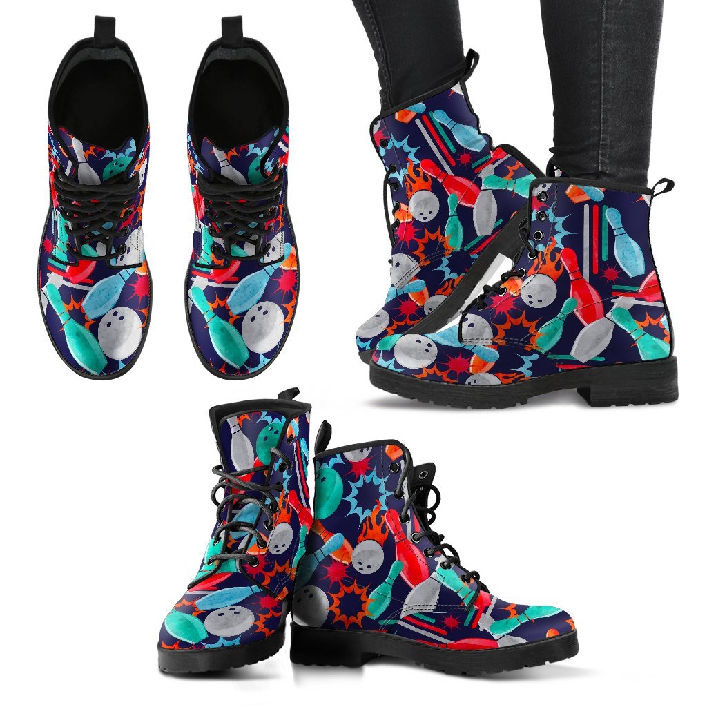 Bowling Stike Pattern Print Men Women Leather Boots-grizzshop