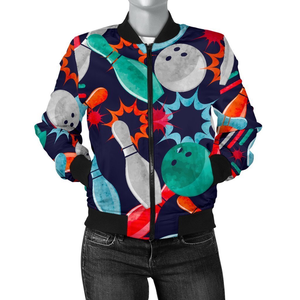 Bowling Stike Pattern Print Women Casual Bomber Jacket-grizzshop