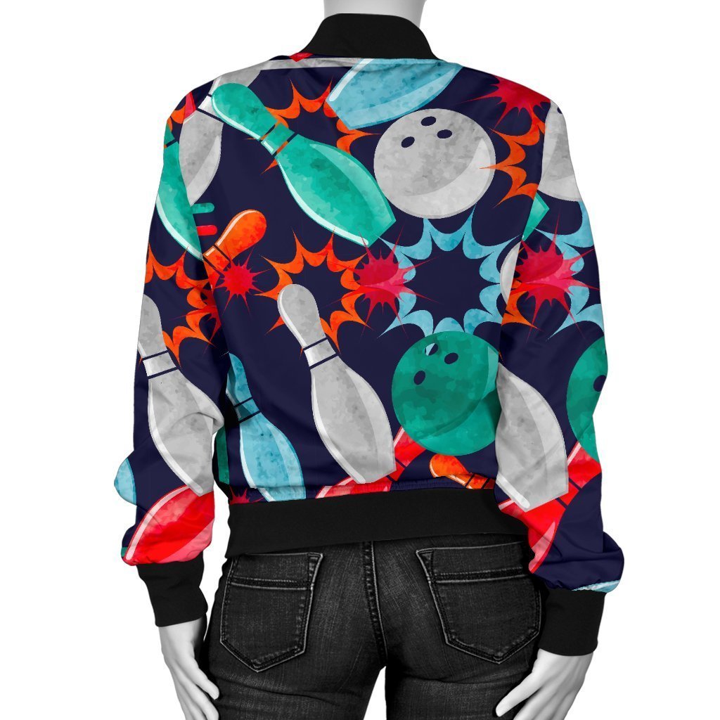 Bowling Stike Pattern Print Women Casual Bomber Jacket-grizzshop