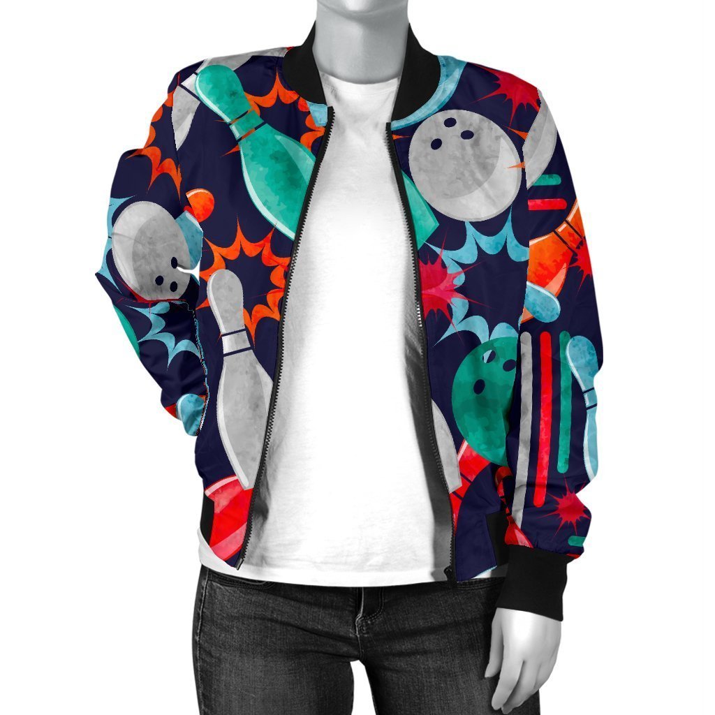 Bowling Stike Pattern Print Women Casual Bomber Jacket-grizzshop