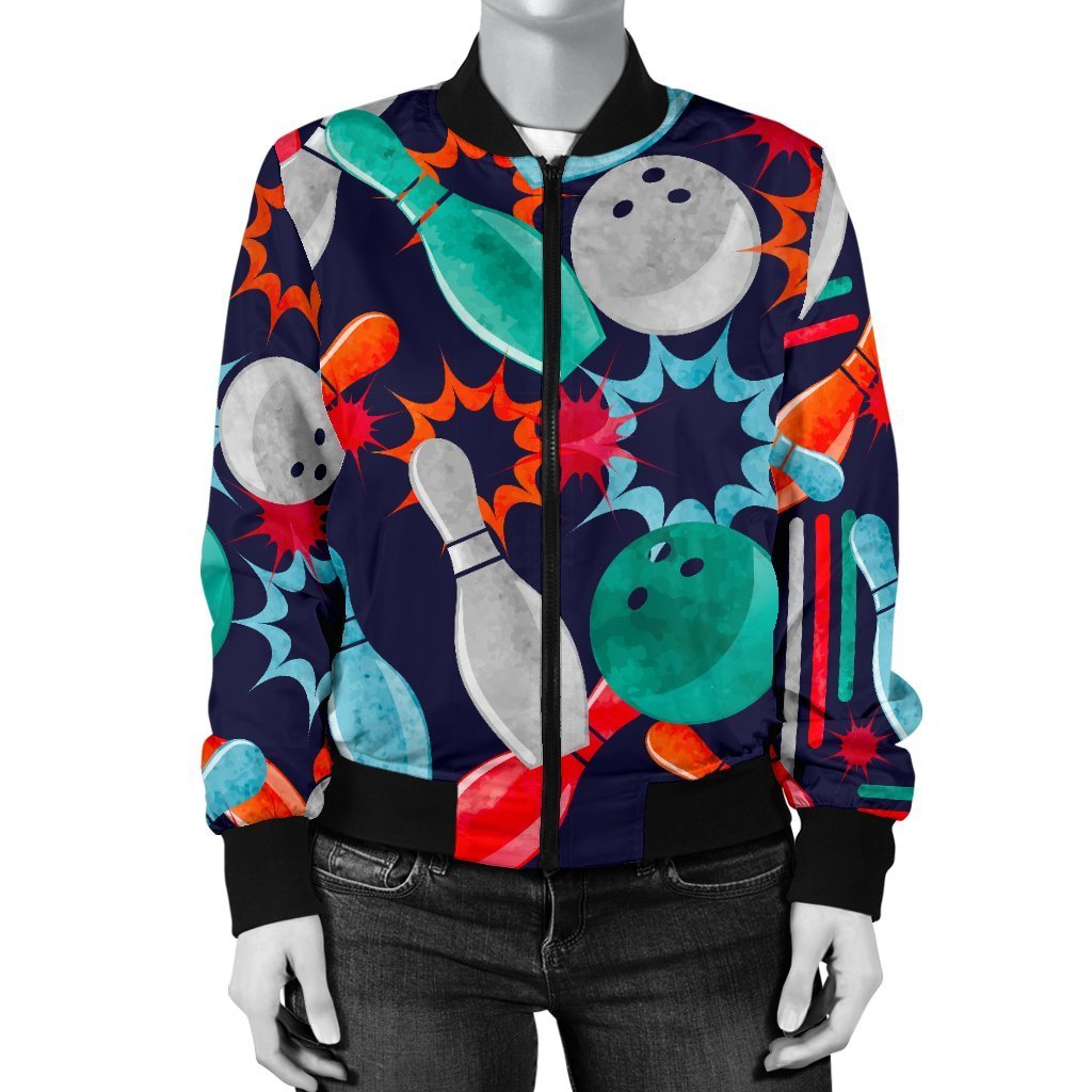 Bowling Stike Pattern Print Women Casual Bomber Jacket-grizzshop