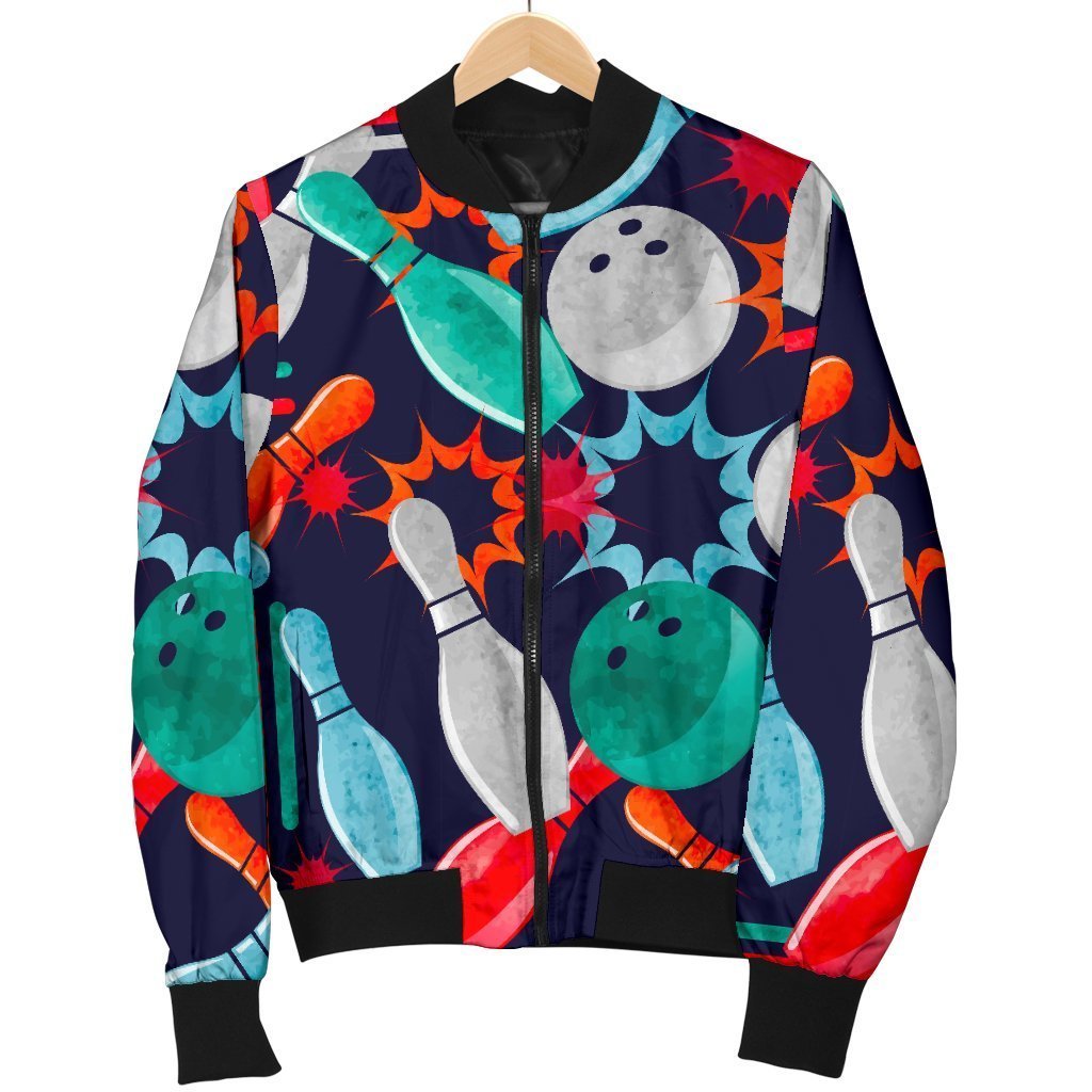 Bowling Stike Pattern Print Women Casual Bomber Jacket-grizzshop
