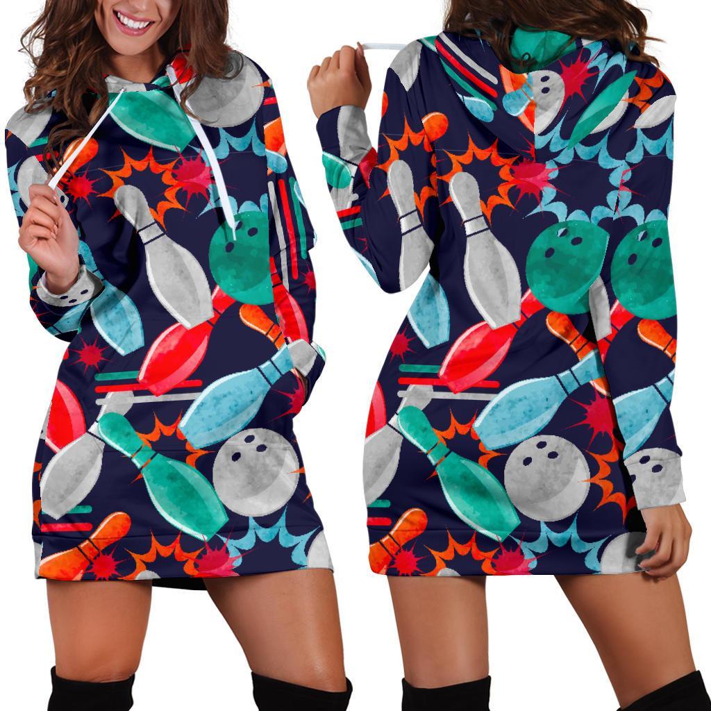 Bowling Stike Pattern Print Women Hoodie Dress-grizzshop