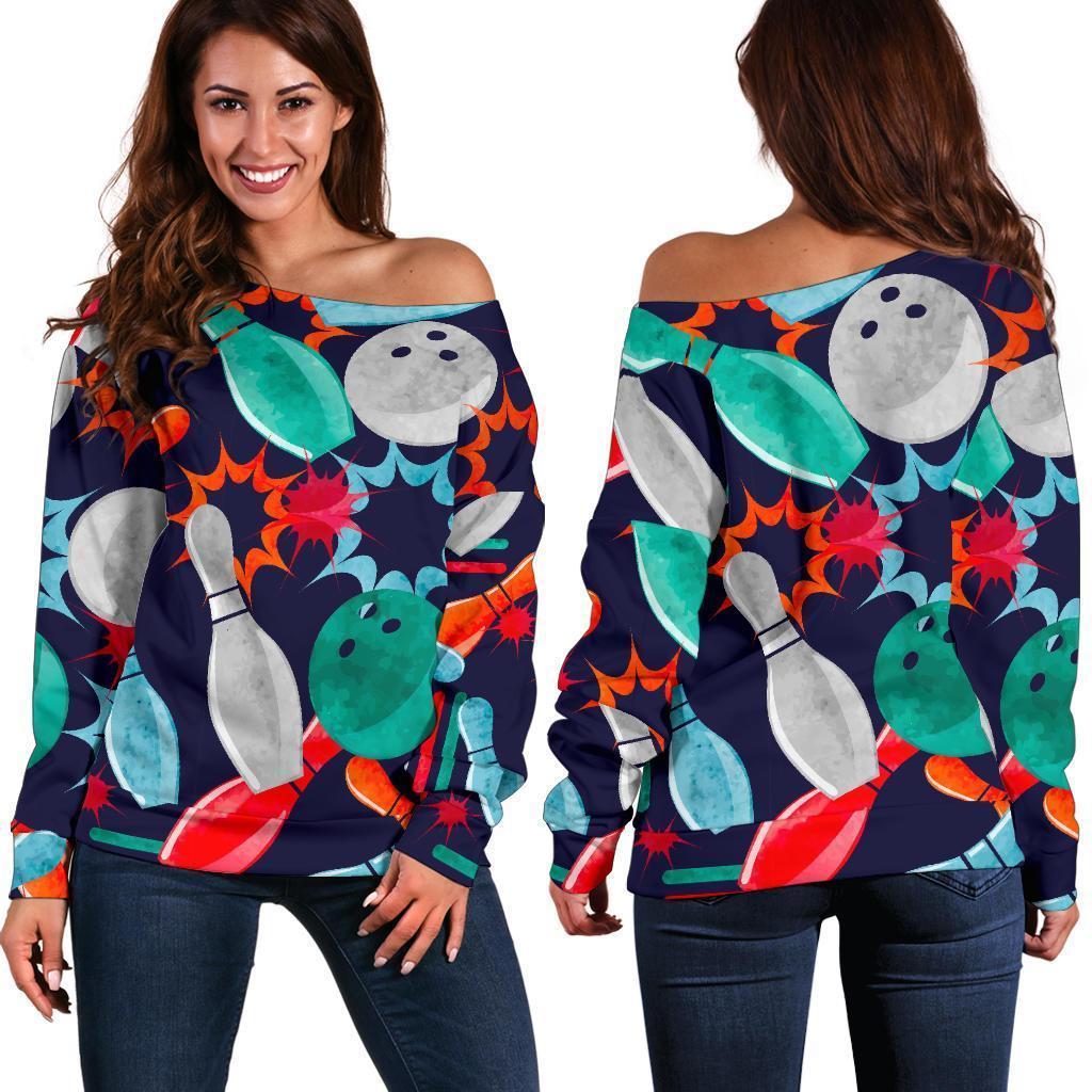 Bowling Stike Pattern Print Women Off Shoulder Sweatshirt-grizzshop