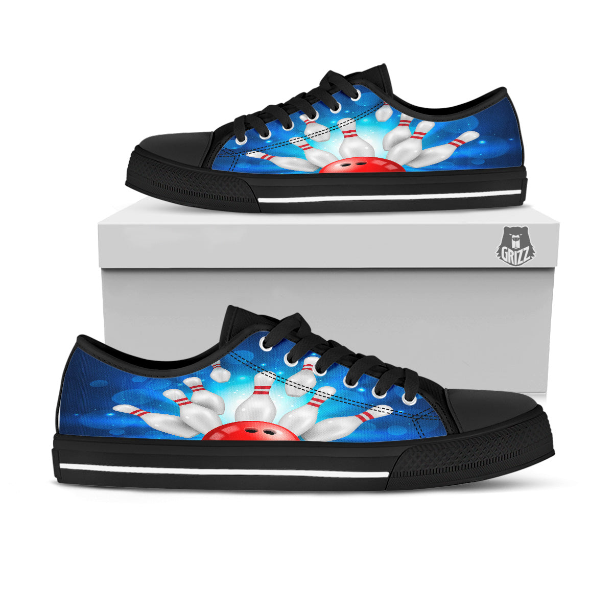 Bowling Strike Print Black Low Top Shoes-grizzshop