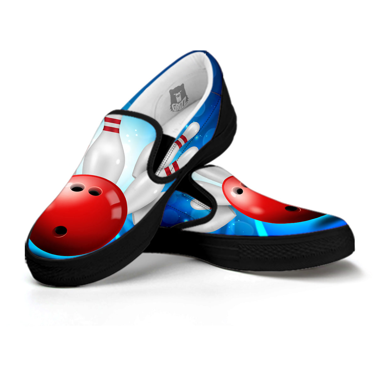 Bowling Strike Print Black Slip On Shoes-grizzshop