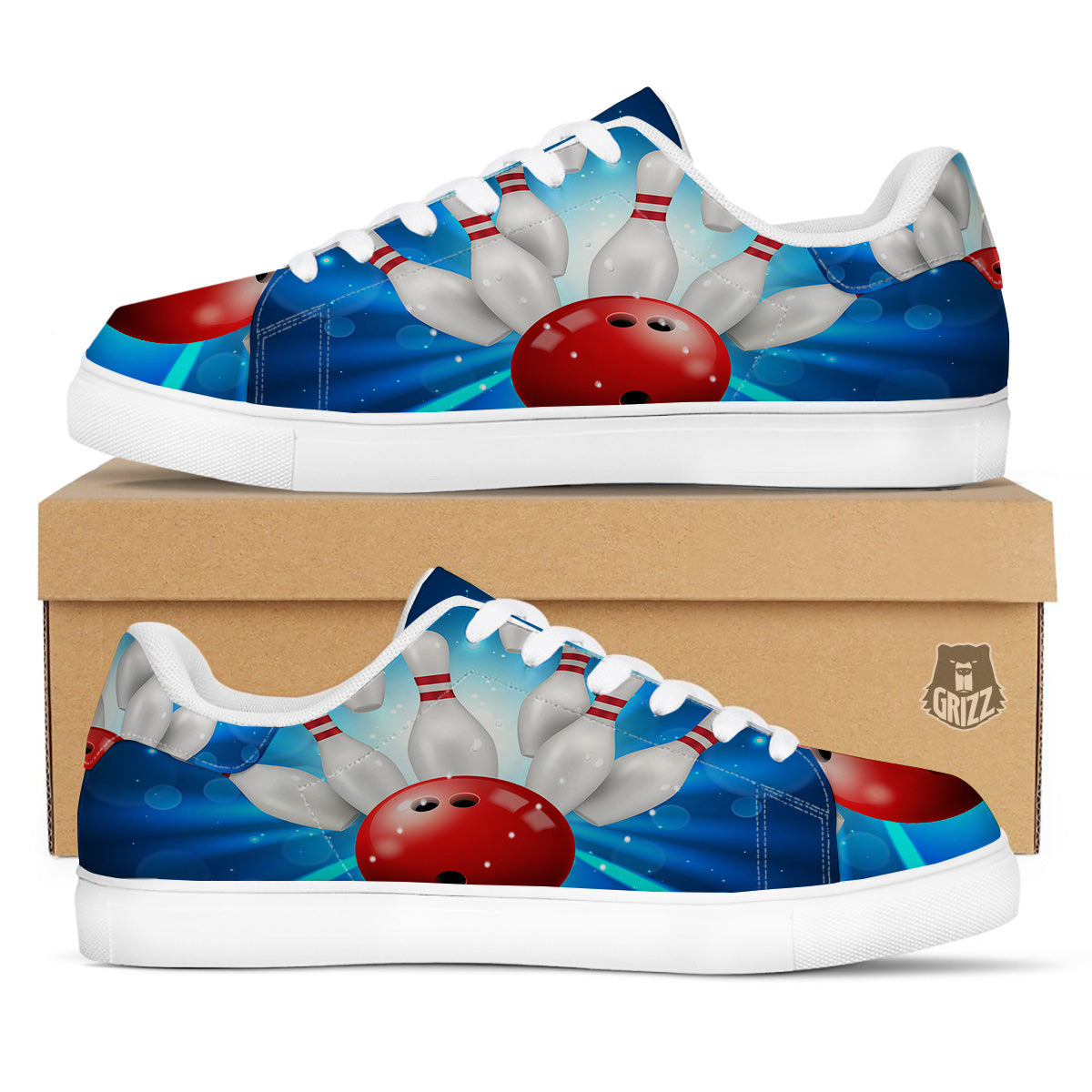 Bowling Strike Print White Low Top Sneakers-grizzshop