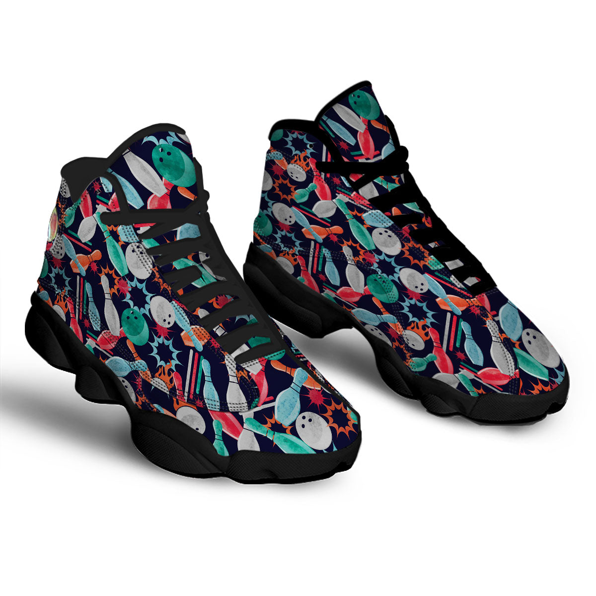 Bowling Theme Watercolor Print Pattern Black Basketball Shoes-grizzshop