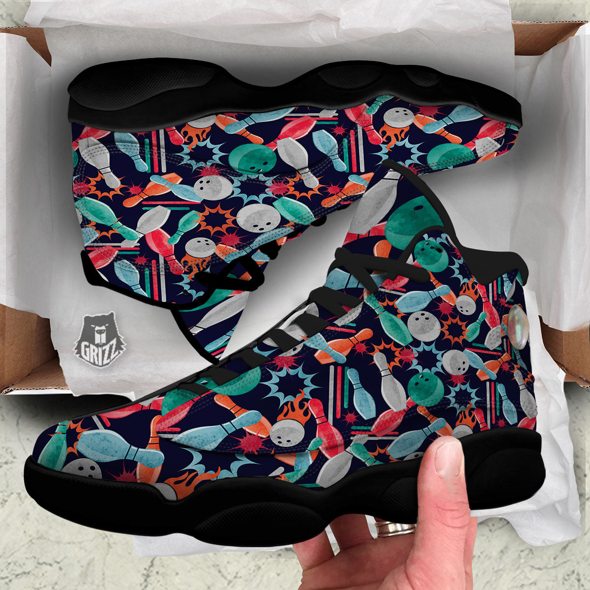 Bowling Theme Watercolor Print Pattern Black Basketball Shoes-grizzshop
