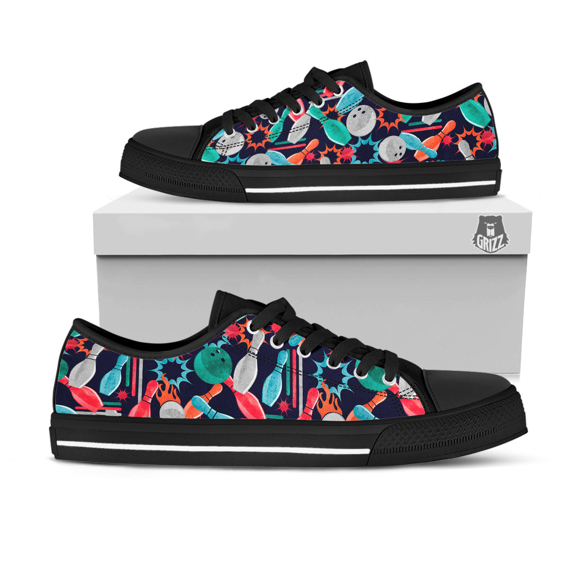 Bowling Theme Watercolor Print Pattern Black Low Top Shoes-grizzshop