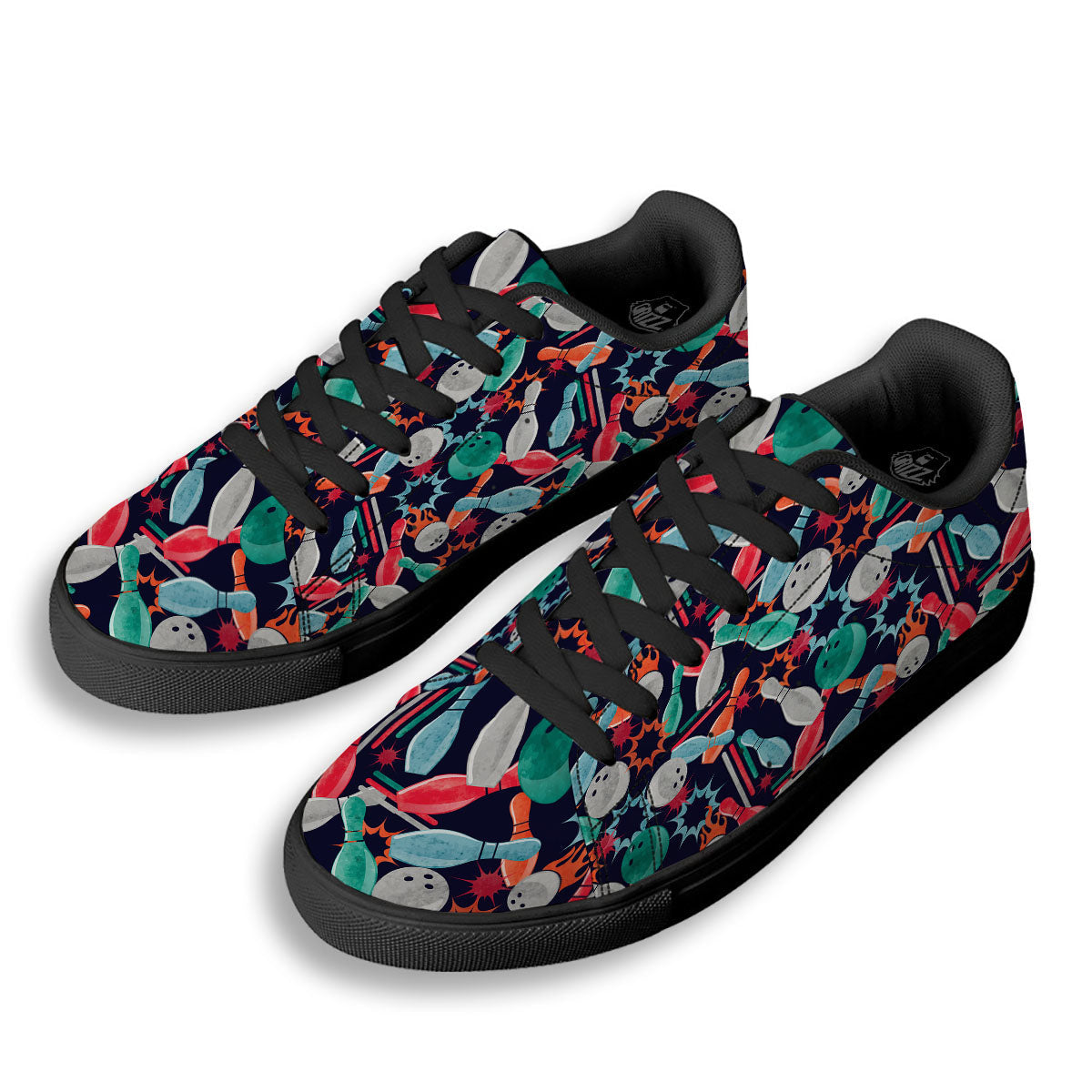Bowling Theme Watercolor Print Pattern Black Low Top Sneakers-grizzshop