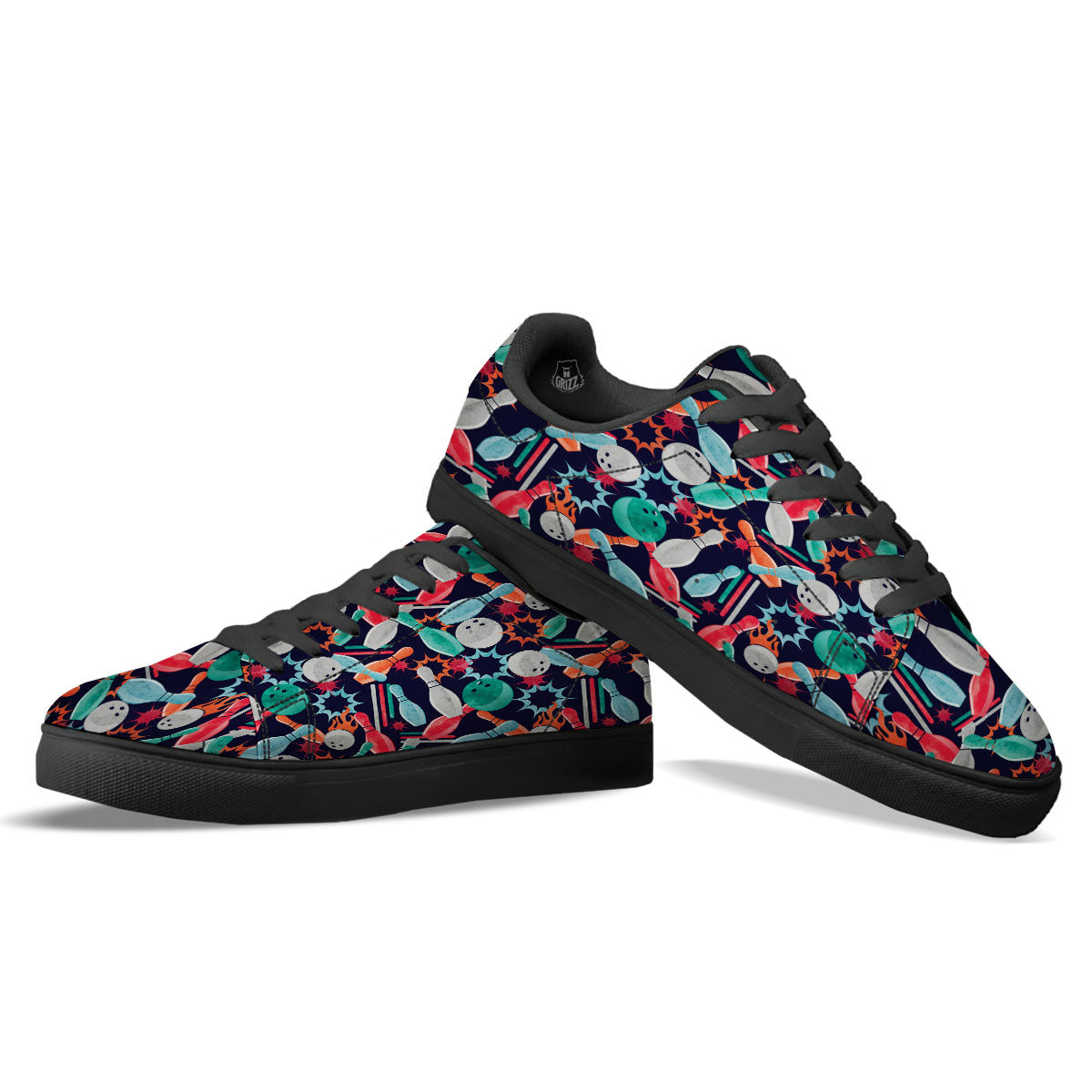 Bowling Theme Watercolor Print Pattern Black Low Top Sneakers-grizzshop