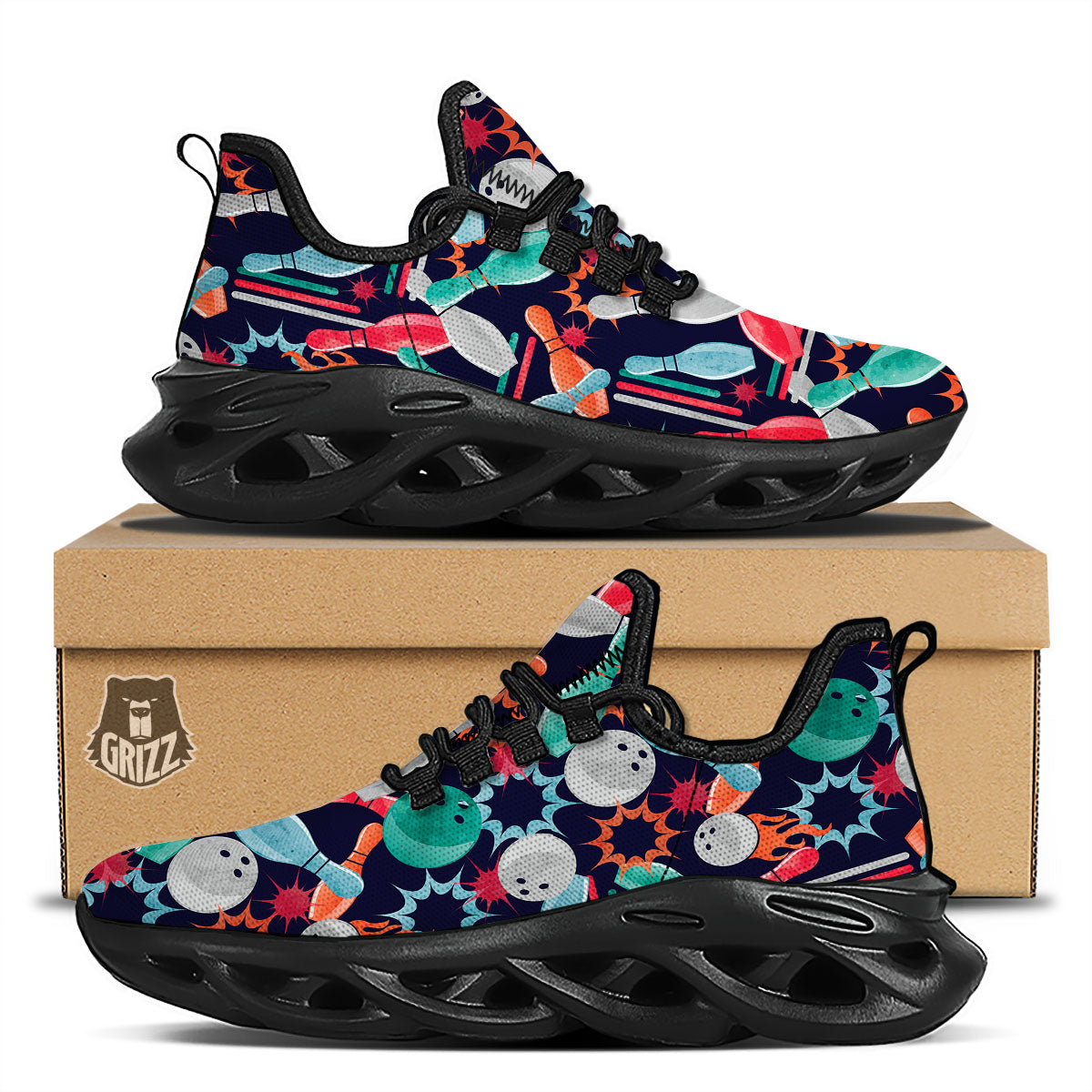 Bowling Theme Watercolor Print Pattern Black Running Shoes-grizzshop