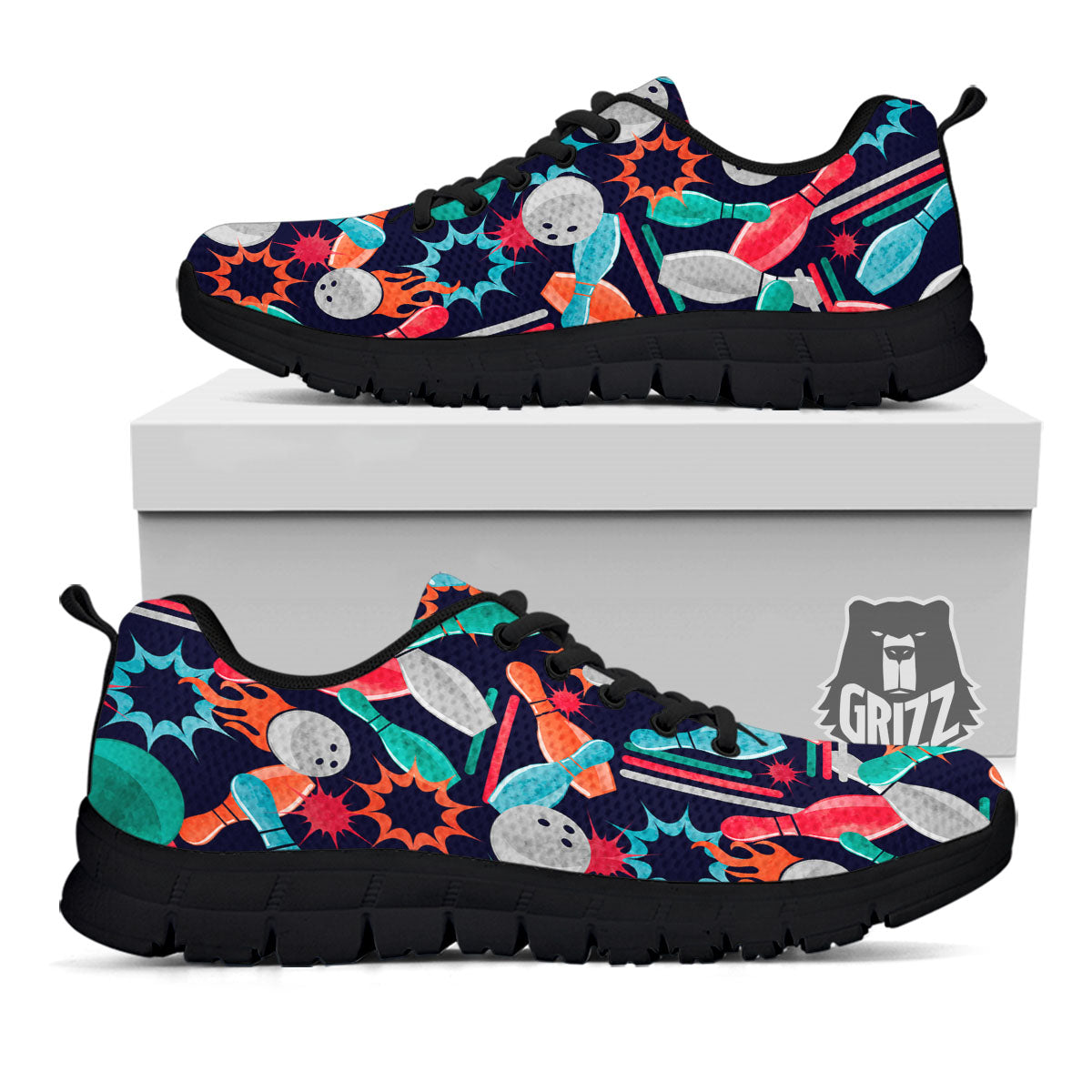 Bowling Theme Watercolor Print Pattern Black Sneaker-grizzshop