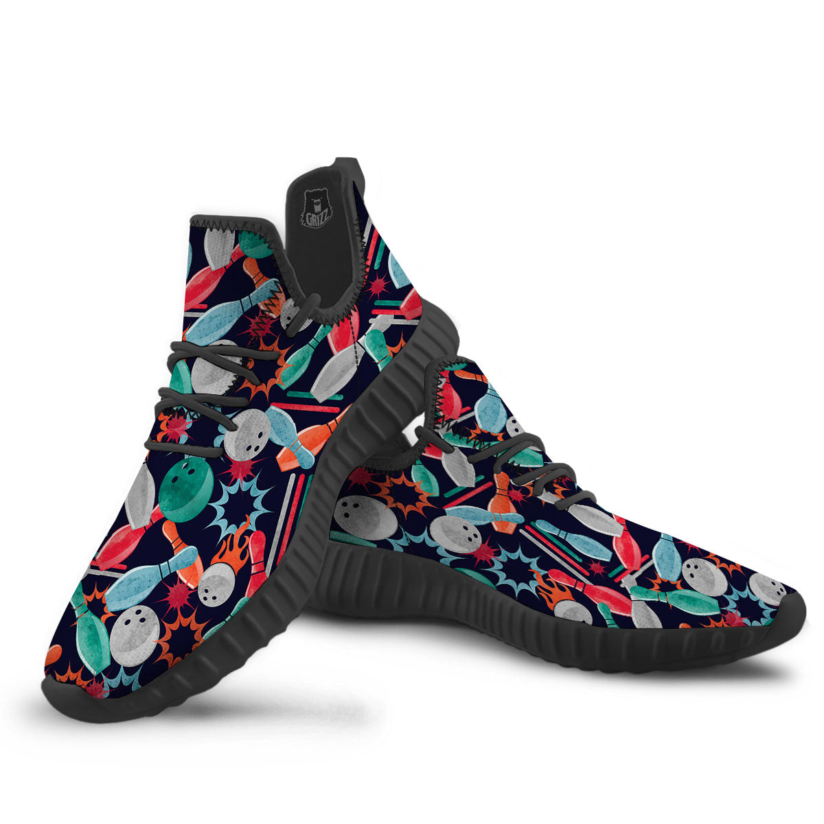 Bowling Theme Watercolor Print Pattern Black Walking Shoes-grizzshop