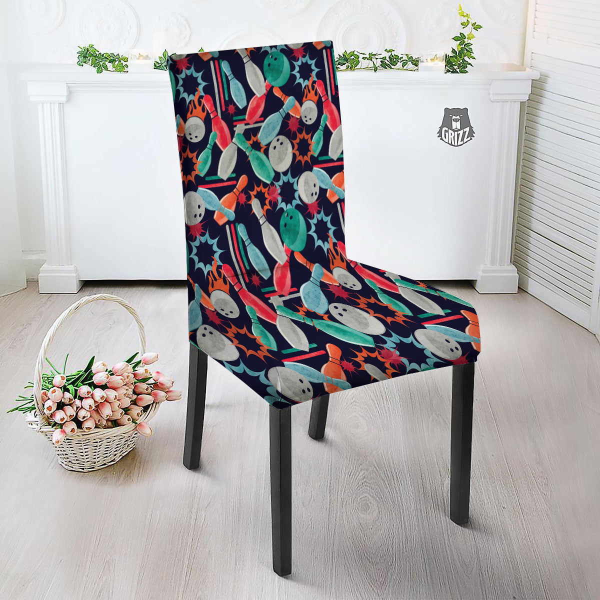 Bowling Theme Watercolor Print Pattern Dining Chair Slipcover-grizzshop