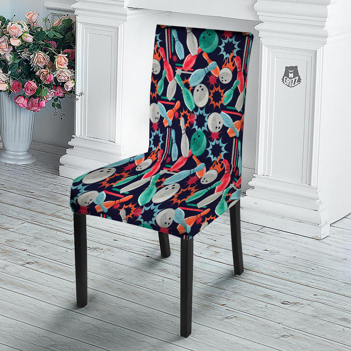 Bowling Theme Watercolor Print Pattern Dining Chair Slipcover-grizzshop