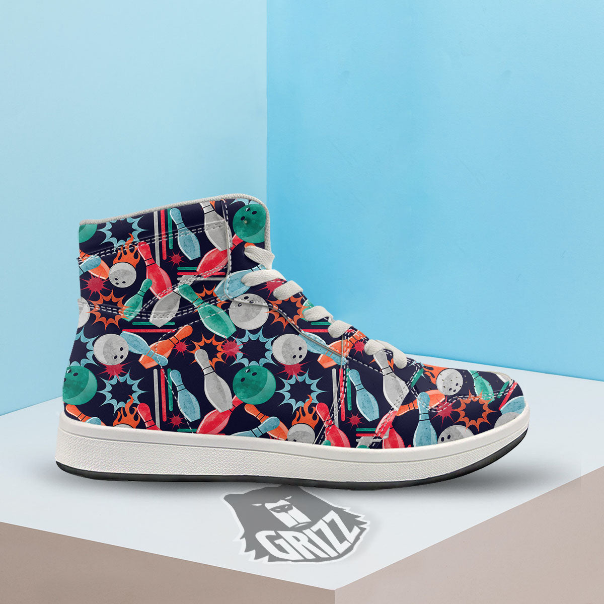 Bowling Theme Watercolor Print Pattern High Top Sneakers-grizzshop