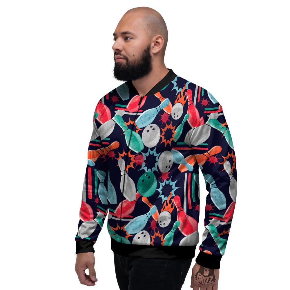 Bowling Theme Watercolor Print Pattern Men's Bomber Jacket-grizzshop