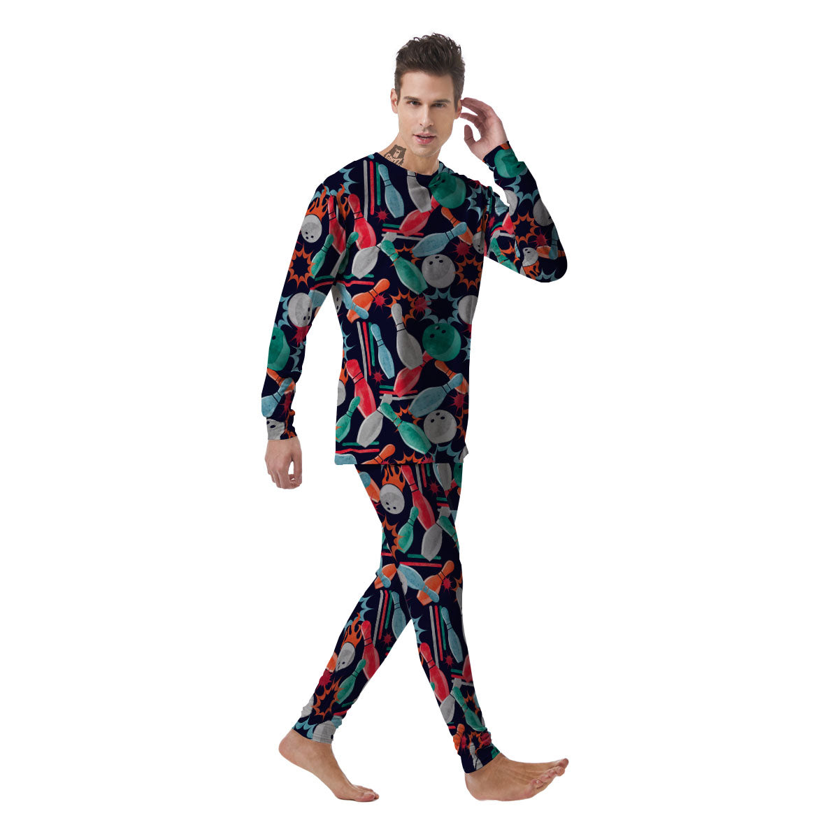Bowling Theme Watercolor Print Pattern Men's Pajamas-grizzshop