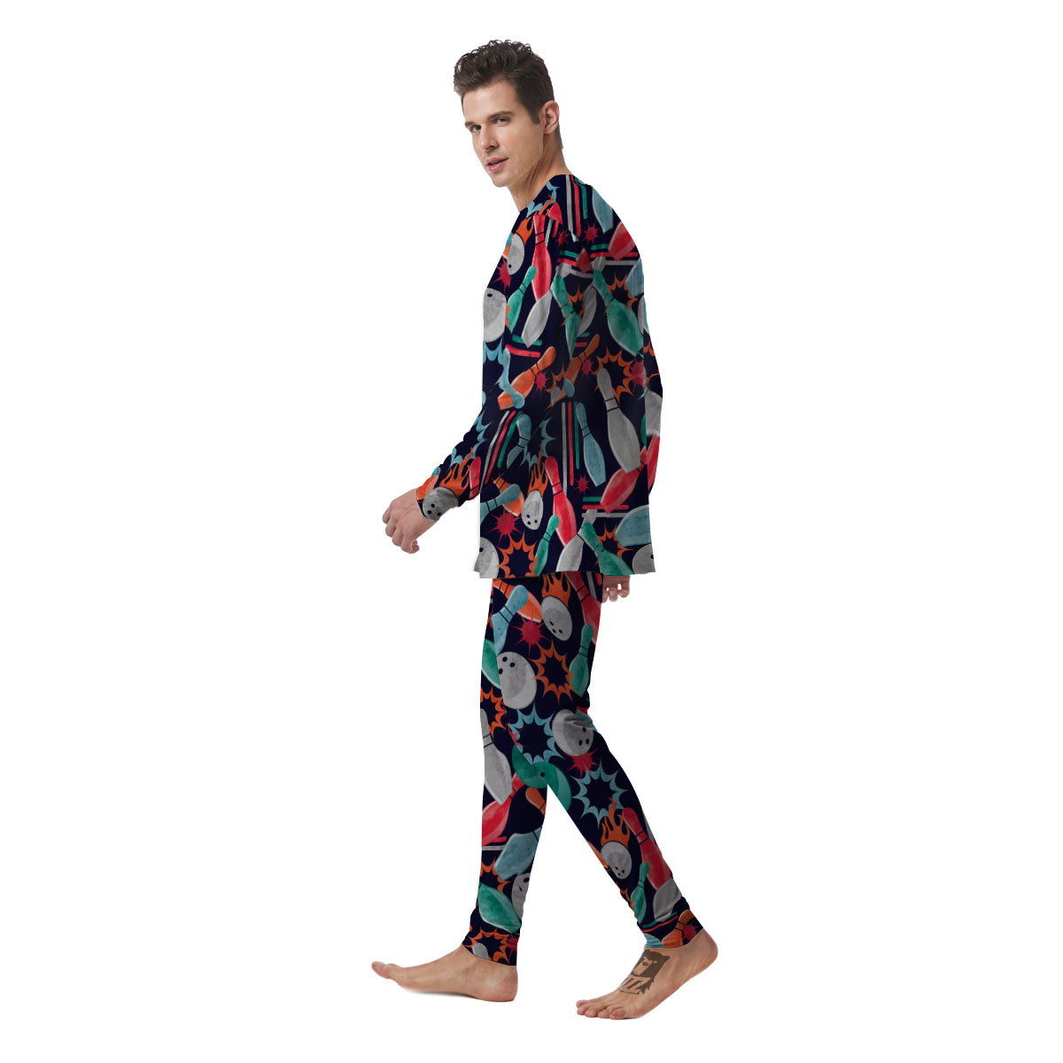 Bowling Theme Watercolor Print Pattern Men's Pajamas-grizzshop