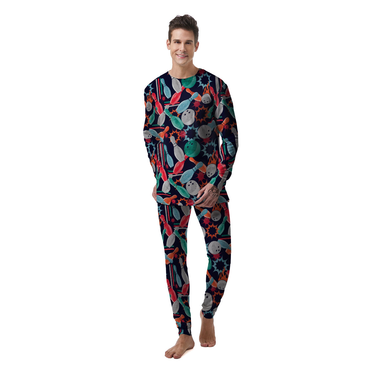 Bowling Theme Watercolor Print Pattern Men's Pajamas-grizzshop