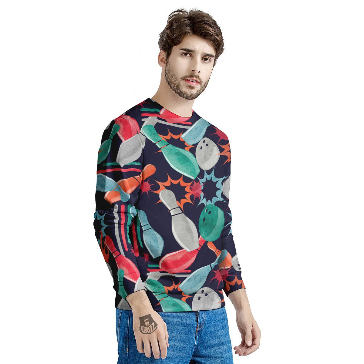 Bowling Theme Watercolor Print Pattern Men's Sweatshirt-grizzshop