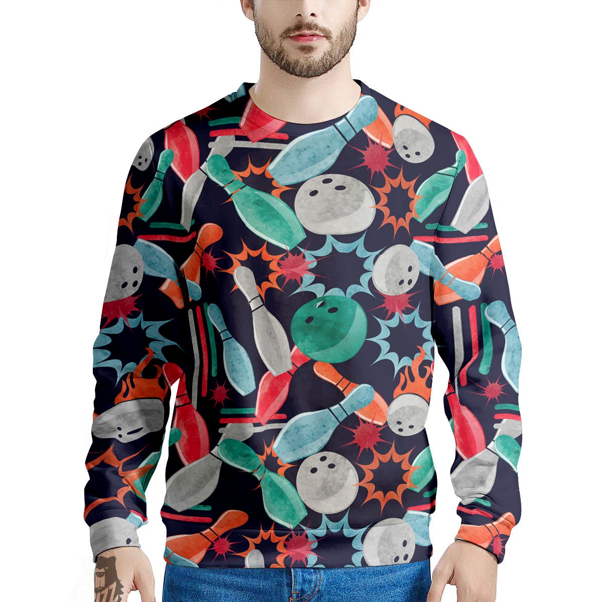 Bowling Theme Watercolor Print Pattern Men's Sweatshirt-grizzshop