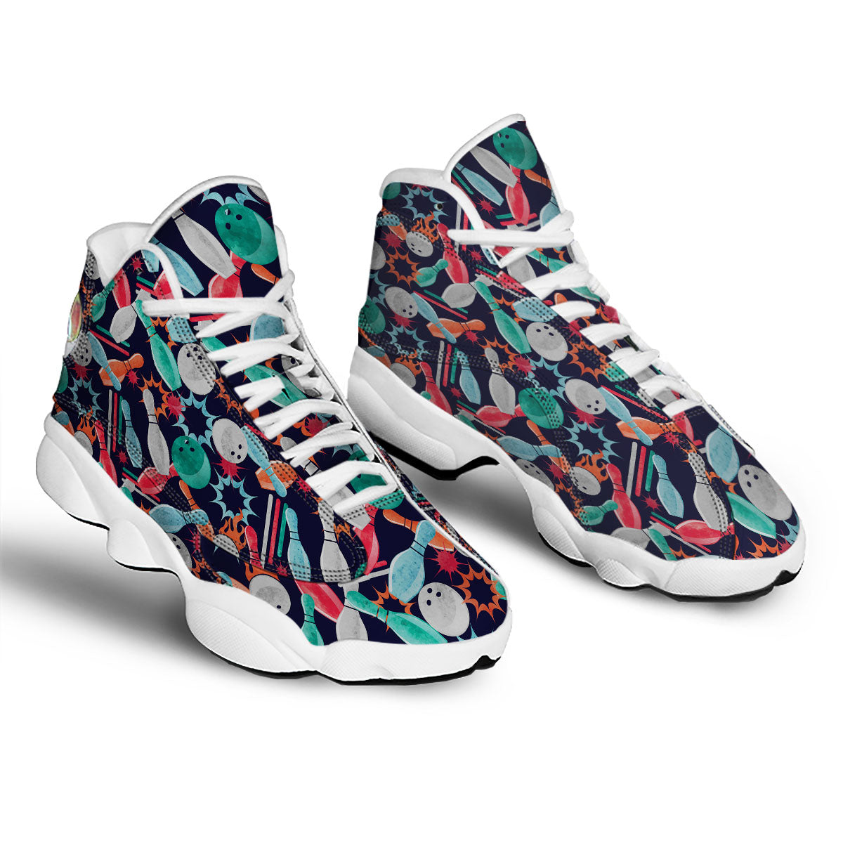 Bowling Theme Watercolor Print Pattern White Basketball Shoes-grizzshop